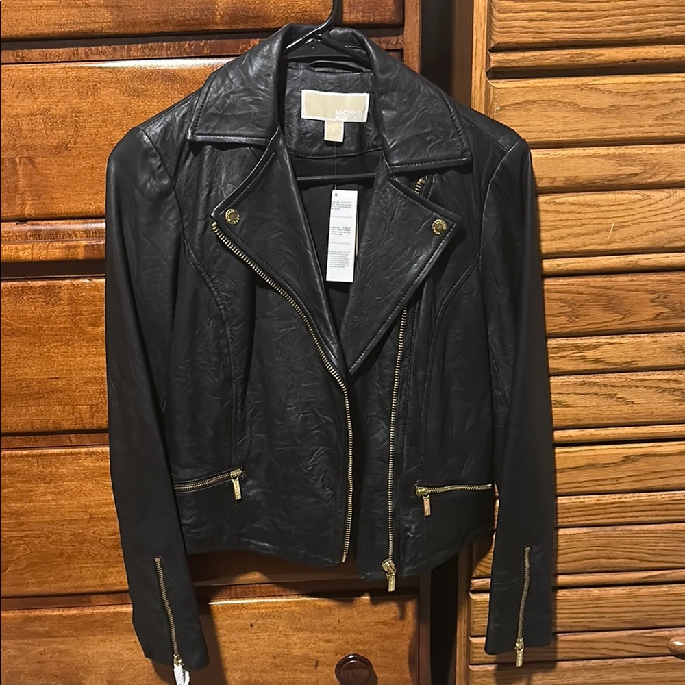MICHAEL Michael Kors Black and Gold Leather Moto Jacket